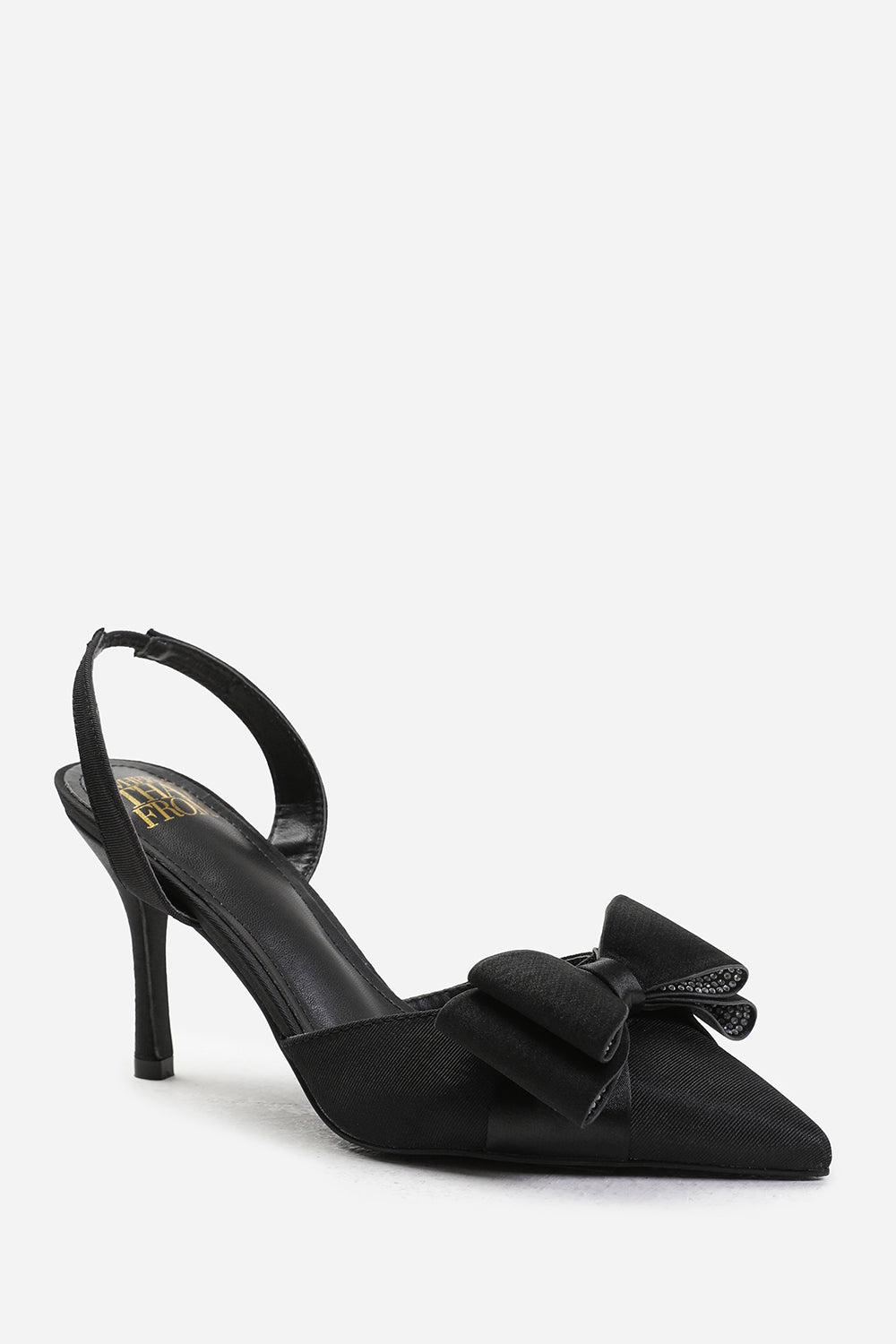 SPAIN WIDE FIT POINTED TOE WITH DIAMANTE BOW DETAILING SLINGBACK MID HEELS IN BLACK SATIN