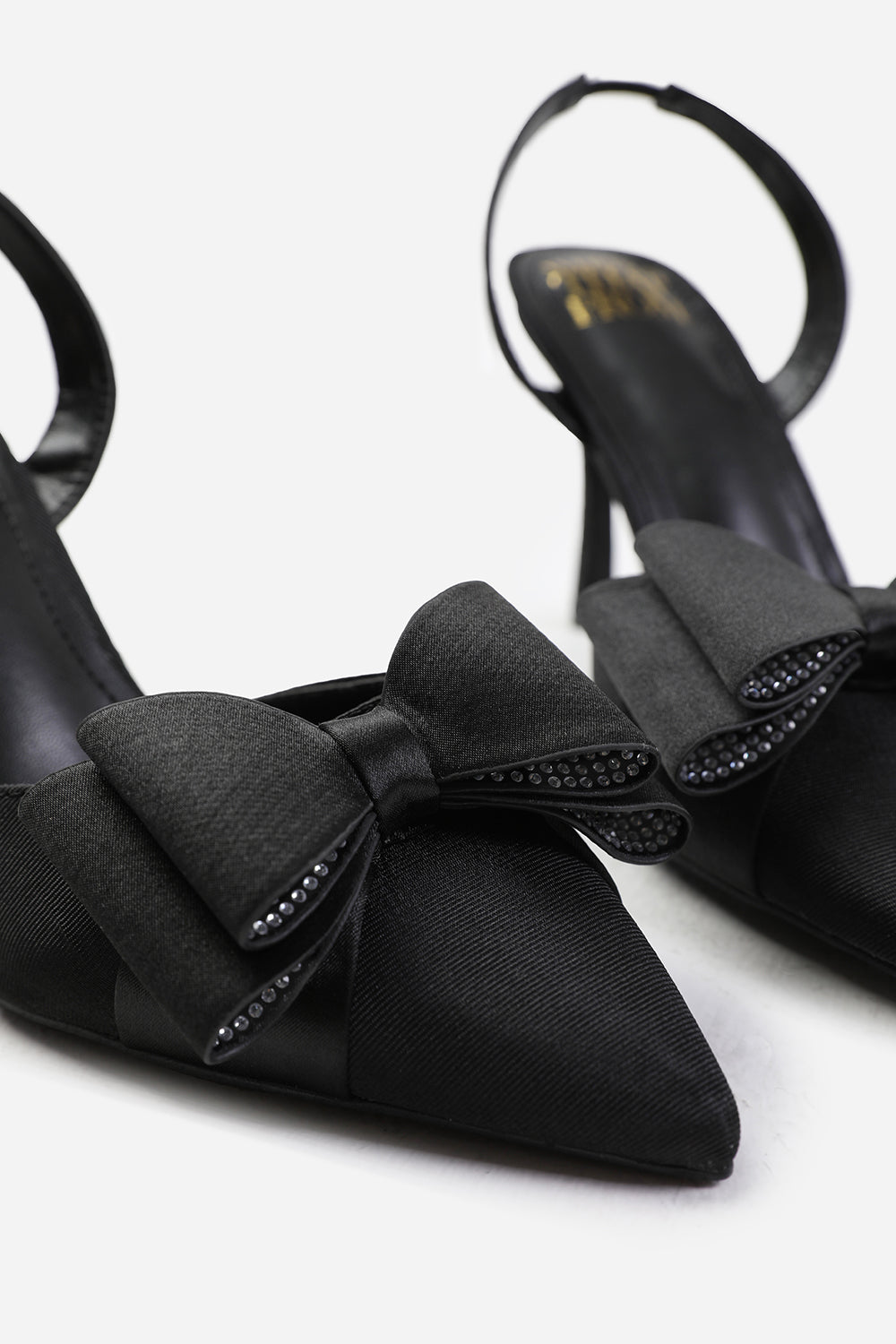 SPAIN POINTED TOE WITH DIAMANTE BOW DETAILING SLINGBACK MID HEELS IN BLACK SATIN