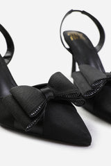 SPAIN WIDE FIT POINTED TOE WITH DIAMANTE BOW DETAILING SLINGBACK MID HEELS IN BLACK SATIN