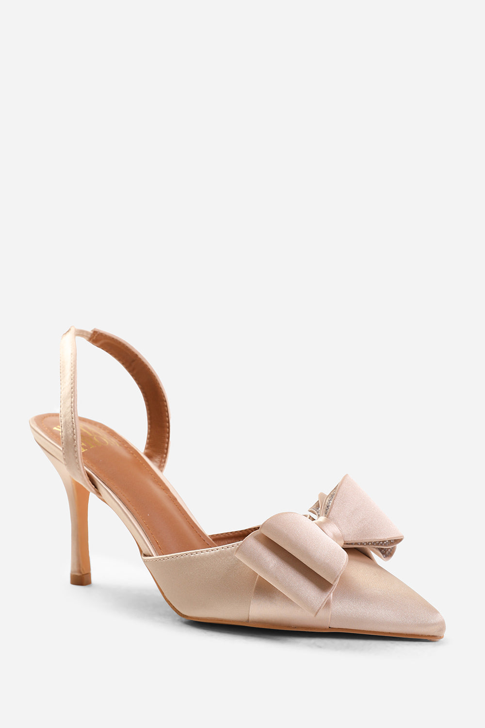 SPAIN WIDE FIT POINTED TOE WITH DIAMANTE BOW DETAILING SLINGBACK MID HEELS IN CREAM SATIN