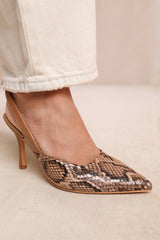 FIJI WIDE FIT POINTED TOE SLINGBACK MID HEELS IN BROWN SNAKE FAUX LEATHER