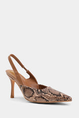 FIJI POINTED TOE SLINGBACK MID HEELS IN BROWN SNAKE FAUX LEATHER