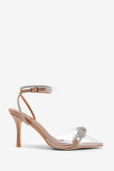 MOROCCO PERSPEX HEEL WITH EMBELLISHED DETAIL AND DIAMANTE CROSS STRAP IN MOCHA PATENT