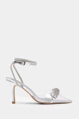 MOROCCO WIDE FIT PERSPEX HEEL WITH EMBELLISHED DETAIL AND DIAMANTE CROSS STRAP IN SILVER FAUX LEATHER