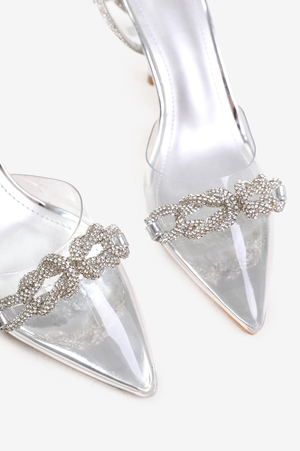 MOROCCO PERSPEX HEEL WITH EMBELLISHED DETAIL AND DIAMANTE CROSS STRAP IN SILVER FAUX LEATHER