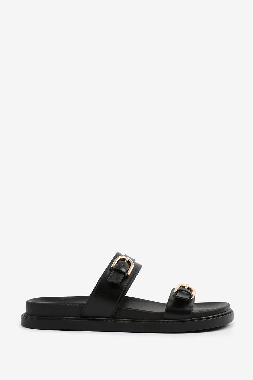 ABRINA FLATFORM SANDAL WITH DOUBLE BUCKLE STRAP DETAILS IN BLACK FAUX LEATHER