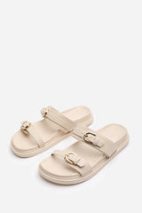 ABRINA FLATFORM SANDAL WITH DOUBLE BUCKLE STRAP DETAILS IN NUDE FAUX LEATHER