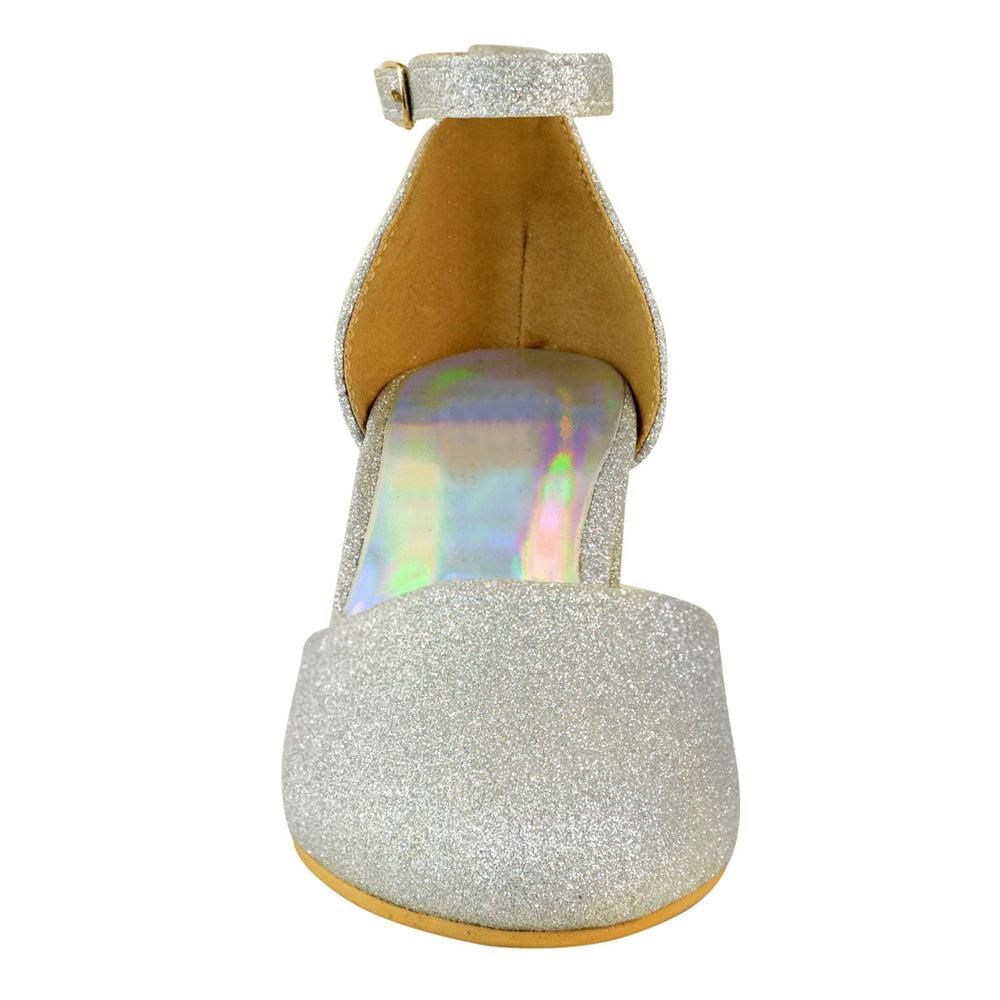 ABENA KIDS CLOSED TOE MID HIGH HEEL SANDALS WITH ANKLE STRAP IN SILVER GLITTER