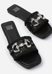 ALIGN JEWEL DETAIL FLAT SANDALS IN BLACK RAFFIA