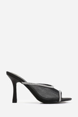 PORTUGAL OPEN TOE MULES WITH CRYSTAL TRIM IN BLACK SATIN