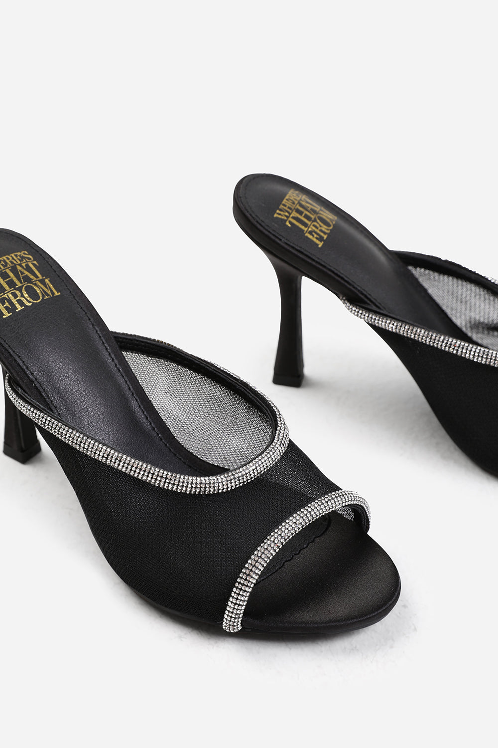 PORTUGAL OPEN TOE MULES WITH CRYSTAL TRIM IN BLACK SATIN