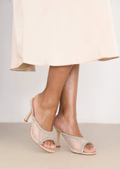 PORTUGAL OPEN TOE MULES WITH CRYSTAL TRIM IN CREAM SATIN