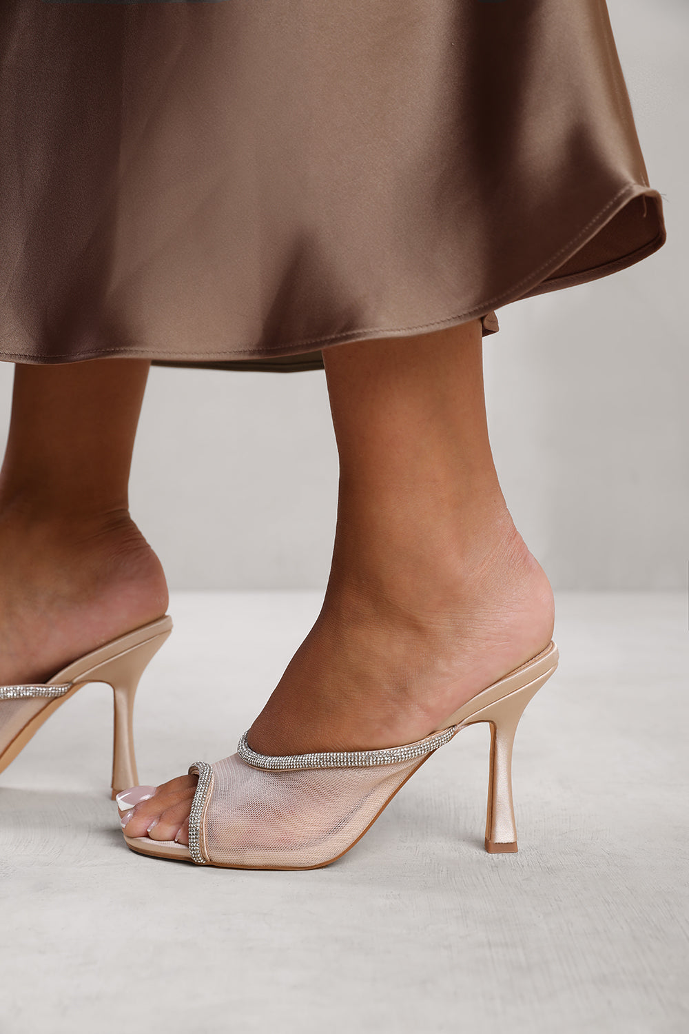 CYNTHIA OPEN TOE MULES WITH CRYSTAL TRIM IN CREAM SATIN