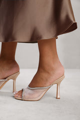 CYNTHIA OPEN TOE MULES WITH CRYSTAL TRIM IN CREAM SATIN