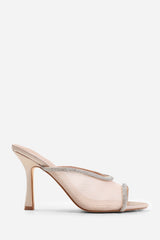 CYNTHIA OPEN TOE MULES WITH CRYSTAL TRIM IN CREAM SATIN