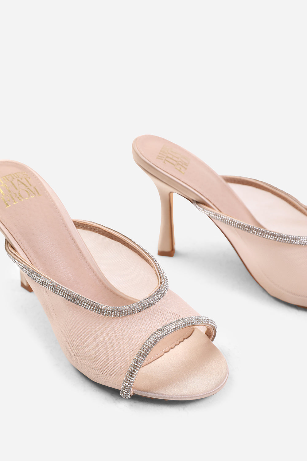 CYNTHIA OPEN TOE MULES WITH CRYSTAL TRIM IN CREAM SATIN