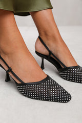 GREECE SLINGBACK POINTED TOE HEEL WITH DIAMANTE MESH IN BLACK SATIN