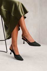 GREECE SLINGBACK POINTED TOE HEEL WITH DIAMANTE MESH IN BLACK SATIN