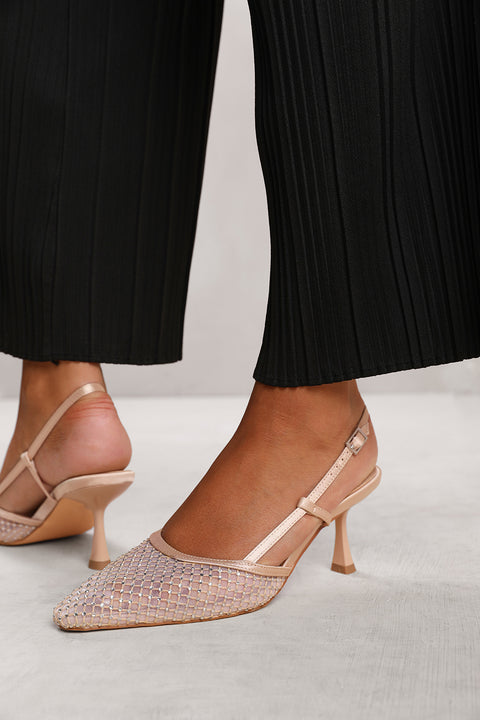 SELENE SLINGBACK POINTED TOE HEEL WITH DIAMANTE MESH IN CREAM SATIN