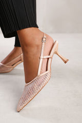 GREECE SLINGBACK POINTED TOE HEEL WITH DIAMANTE MESH IN CREAM SATIN