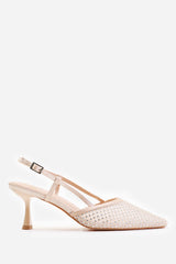 GREECE SLINGBACK POINTED TOE HEEL WITH DIAMANTE MESH IN CREAM SATIN