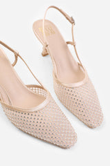 GREECE SLINGBACK POINTED TOE HEEL WITH DIAMANTE MESH IN CREAM SATIN