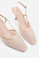 SELENE SLINGBACK POINTED TOE HEEL WITH DIAMANTE MESH IN CREAM SATIN