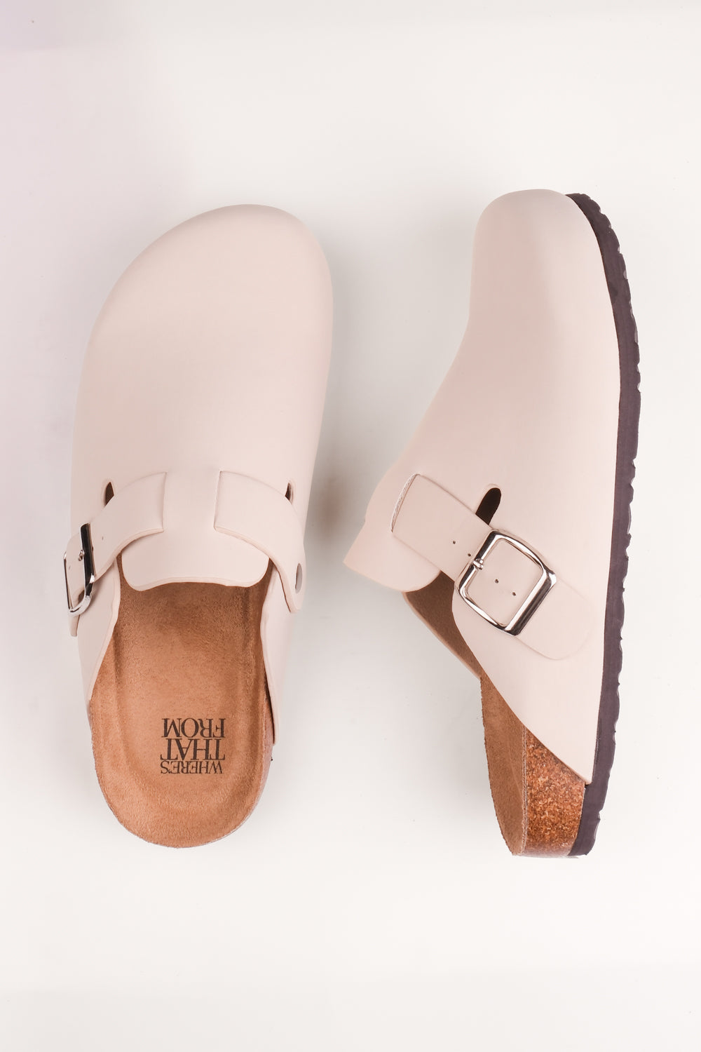 PALM CLOSED TOE FLAT SANDALS WITH BUCKLE DETAIL IN CREAM NUBUCK