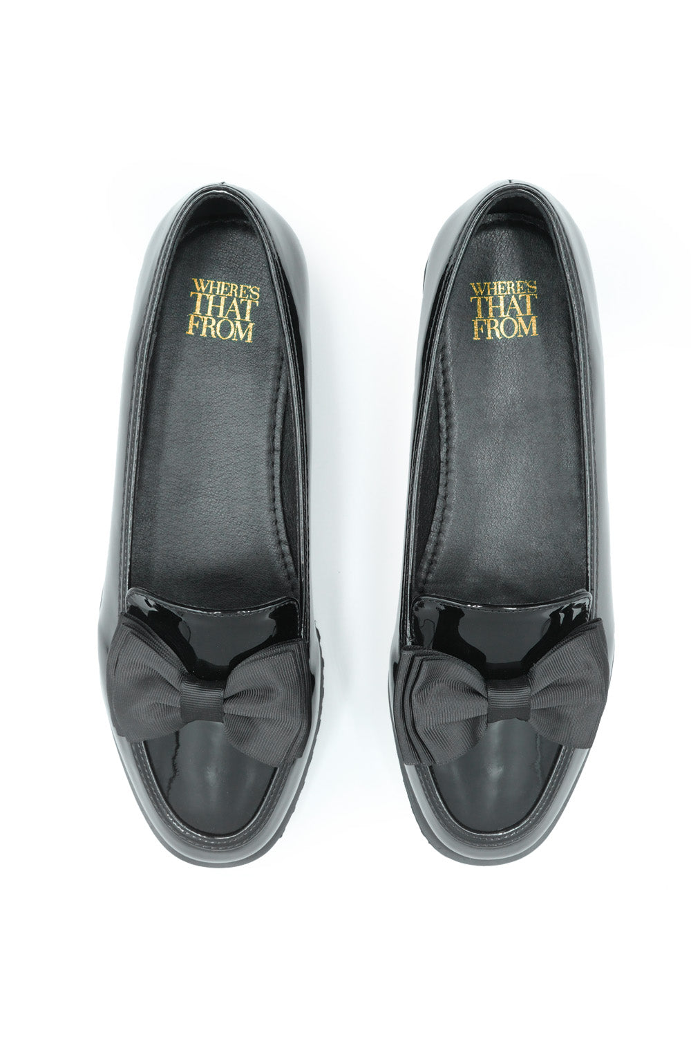 ALPHA SLIP ON LOAFER SLIDER WITH BOW DETAIL IN BLACK PATENT FAUX LEATHER