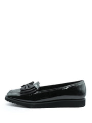 ALPHA SLIP ON LOAFER SLIDER WITH BOW DETAIL IN BLACK PATENT FAUX LEATHER