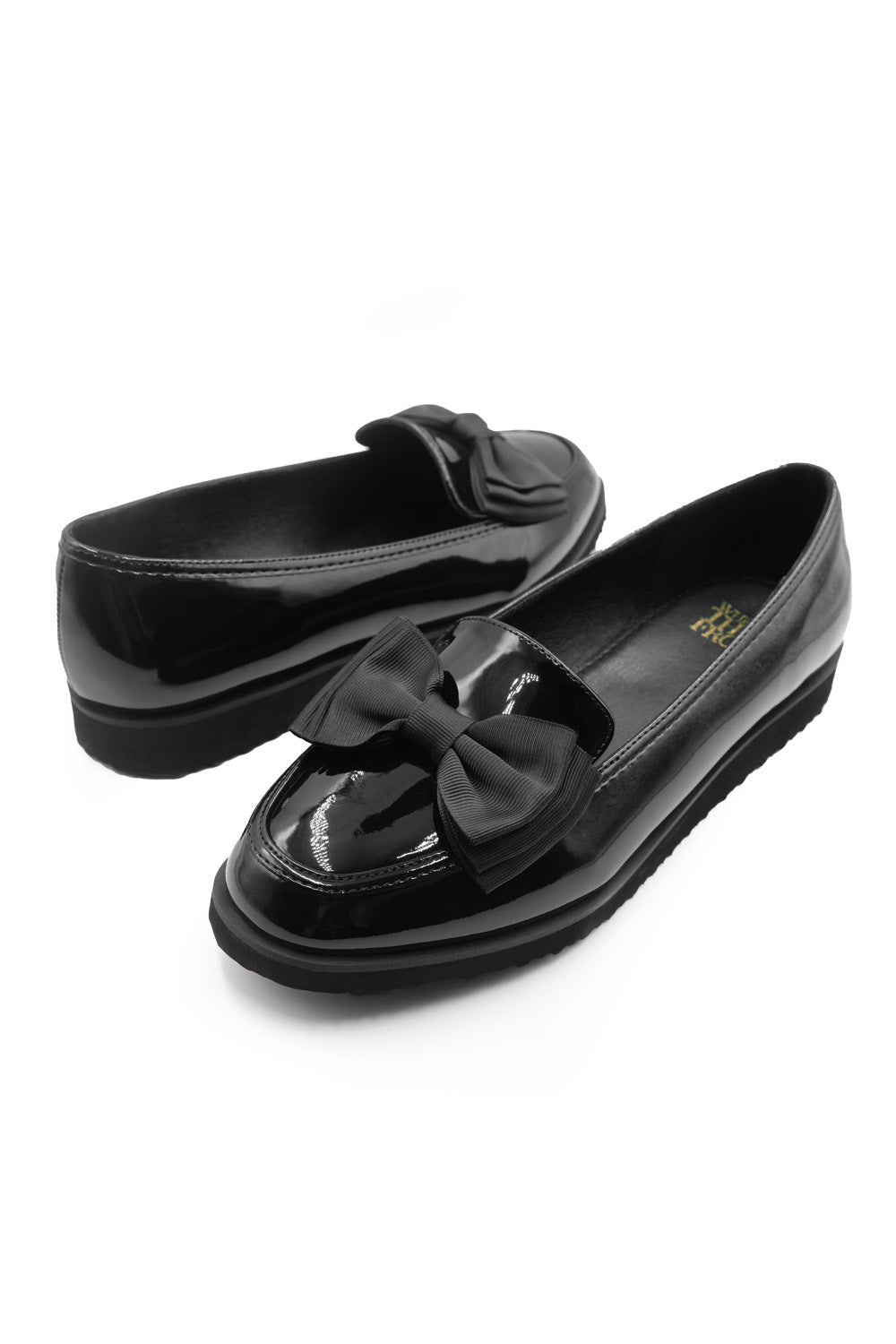 ALPHA WIDE FIT SLIP ON LOAFER SLIDER WITH BOW DETAIL IN BLACK PATENT FAUX LEATHER
