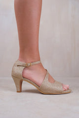 BEATRICE EXTRA WIDE FIT LOW KITTEN HEEL WITH CROSSOVER STRAP IN GOLD GLITTER