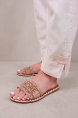 NOTE STRAP FLAT SANDALS WITH BEADED TEXT DETAIL IN BEIGE FAUX LEATHER