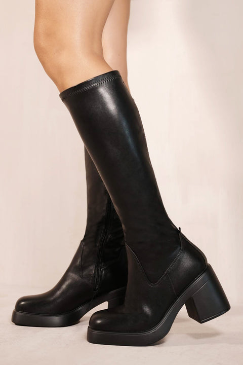 LILITH MID HIGH BLOCK HEEL CALF BOOTS WITH SIDE ZIP IN BLACK FAUX LEATHER