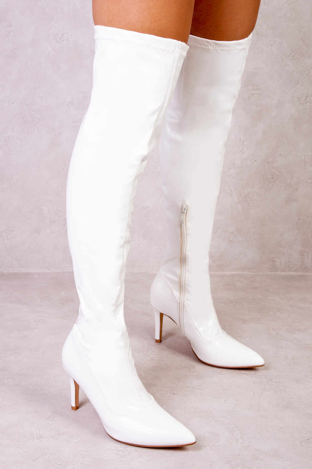 LEXI OVER THE KNEE BOOTS WITH STILETTO HEELS IN WHITE PATENT FAUX LEATHER