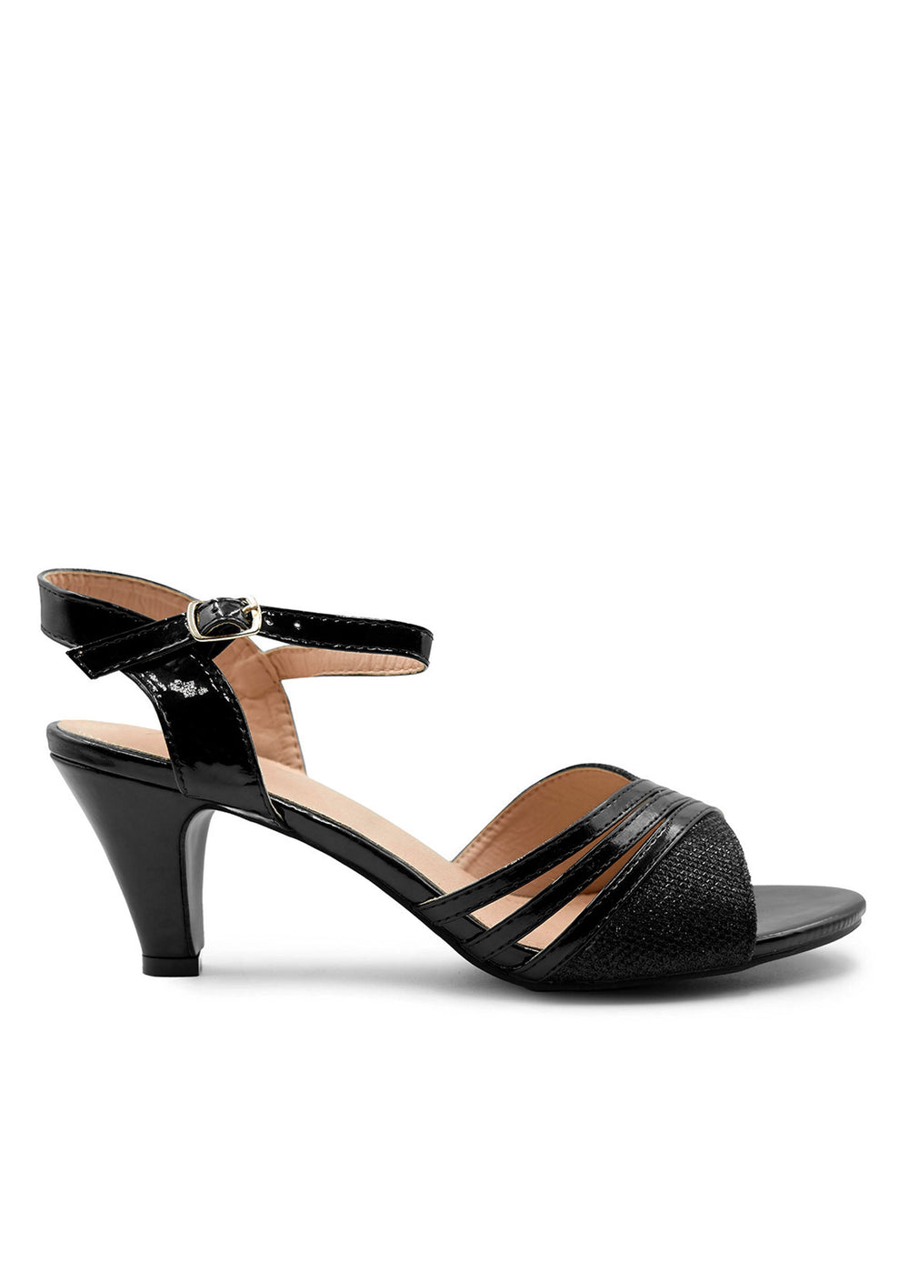 STORMI LOW HEEL SANDALS WITH BUCKLE ANKLE STRAP IN BLACK GLITTER