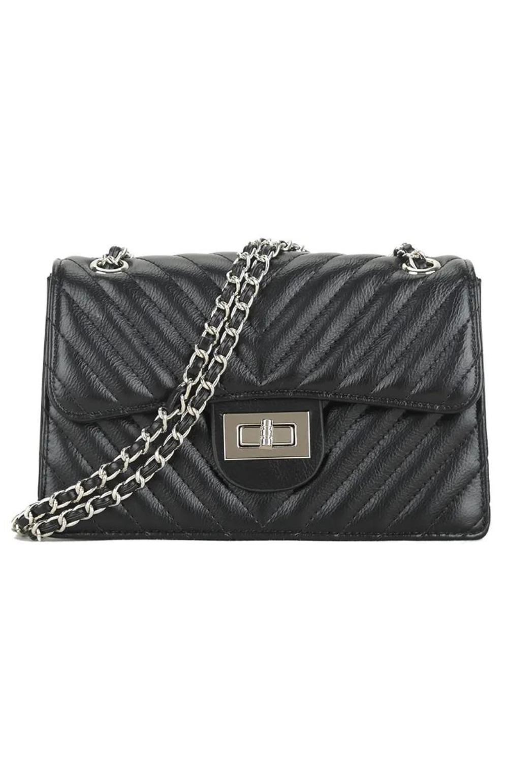 COTTON CROSSBODY BAG WITH CHAIN DETAIL IN BLACK FAUX LETHER