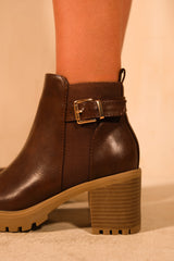 KALI MID BLOCK HEEL WITH BUCKLE DETAIL STRETCH ANKLE BOOTS IN BROWN FAUX LEATHER