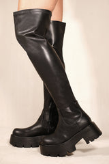 TILLEY CHUNKY CHELASEA CALF HIGH BOOTS WITH SIDE ZIP IN BLACK FAUX LEATHER