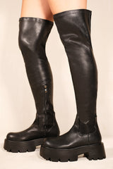 TILLEY CHUNKY CHELASEA CALF HIGH BOOTS WITH SIDE ZIP IN BLACK FAUX LEATHER