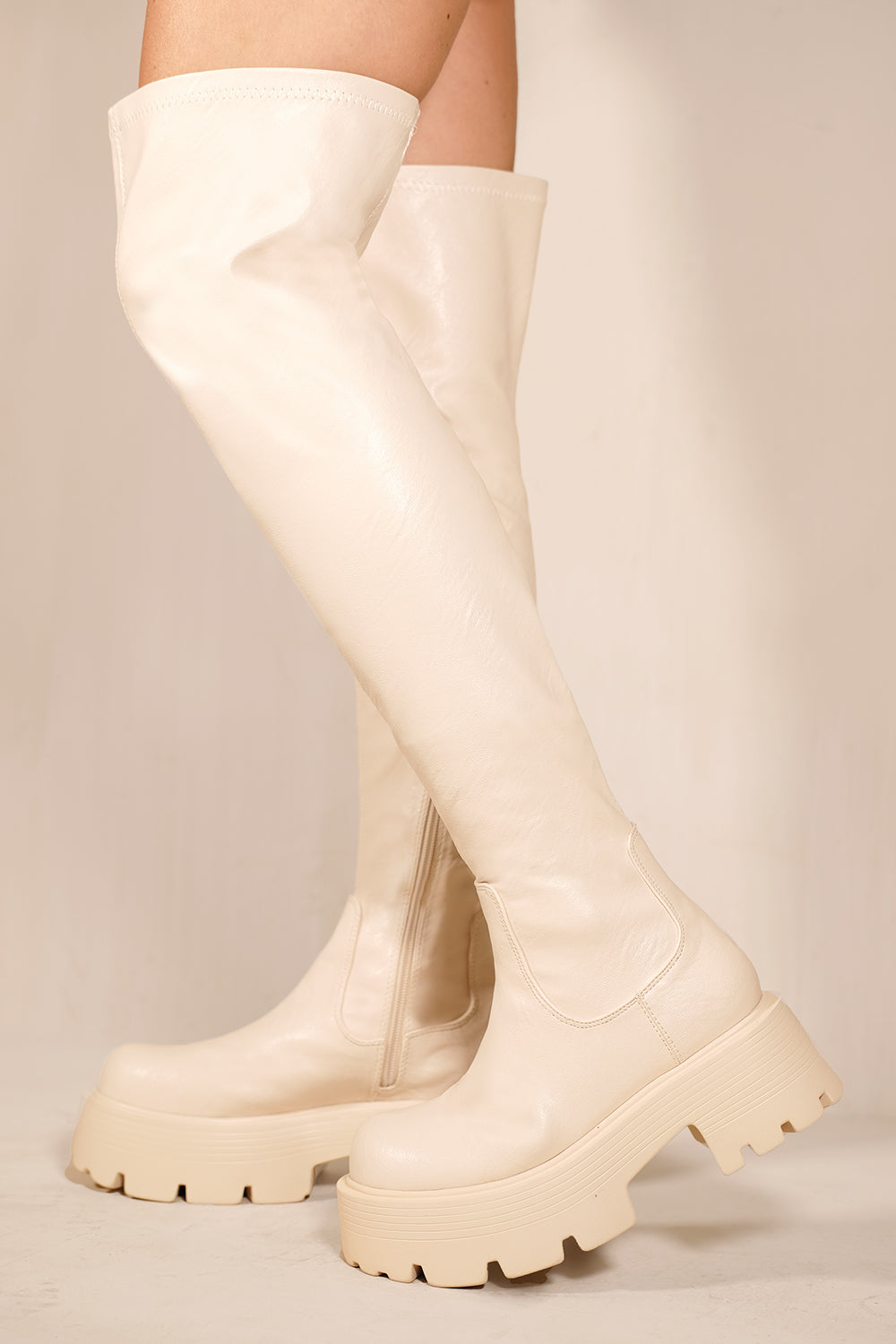 TILLEY CHUNKY CHELASEA CALF HIGH BOOTS WITH SIDE ZIP IN IVORY CREAM FAUX LEATHER