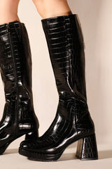 AVRIL BLOCK HEEL CALF HIGH BOOTS WITH SIDE ZIP IN BLACK CROC FAUX LEATHER