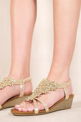 CEVEDO LOW WEDGE HEEL SANDALS WITH DIAMANTE FLOWERS DETAIL IN ROSE GOLD GLITTER