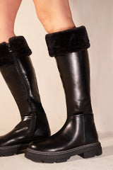 NEVAEY PLATFORM CALF HIGH BOOTS WITH FUR CUFF IN BLACK FAUX LEATHER