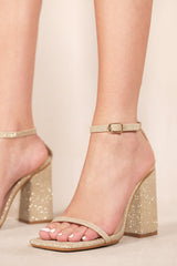 FALLON SQUARE TOE HIGH BLOCK HEEL SANDALS WITH ANKLE STRAP IN CHAMPAGNE GOLD FINE GLITTER