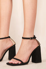 FALLON SQUARE TOE HIGH BLOCK HEEL SANDALS WITH ANKLE STRAP IN BLACK FAUX SUEDE
