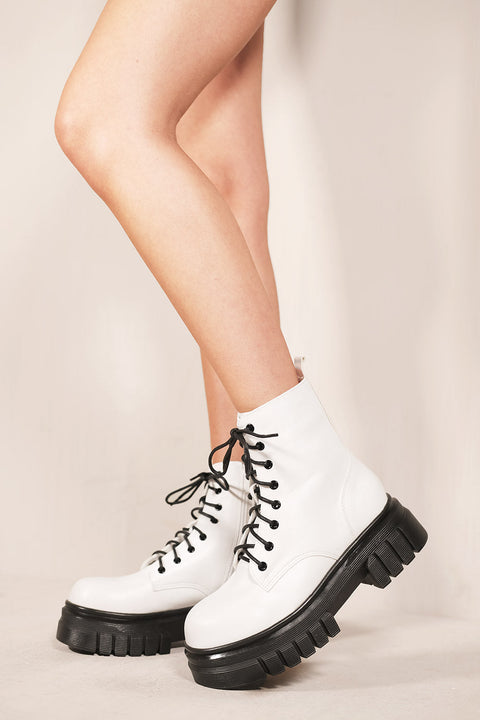 HIRA CHUNKY SOLE ANKLE BOOT WITH LACE UP & SIDE ZIP IN WHITE FAUX LEATHER