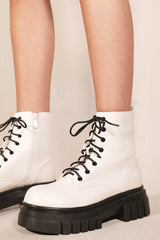 HIRA CHUNKY SOLE ANKLE BOOT WITH LACE UP & SIDE ZIP IN WHITE FAUX LEATHER