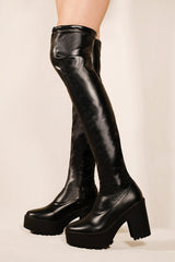 IRIS CHUNKY PLATFORM HEEL KNEE HIGH BOOTS IN BLACK FAUX LEATHER