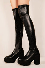 IRIS CHUNKY PLATFORM HEEL KNEE HIGH BOOTS IN BLACK FAUX LEATHER